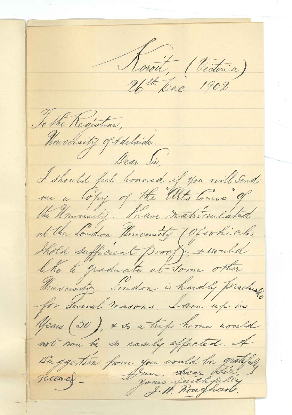 J H Roughan - Victoria - Particulars of BA Course