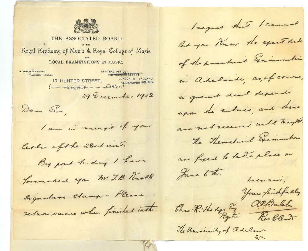 A E Balch - Associated Board of the Royal Academy of Music - Sydney - Mr Knott's signature stamp - Date of music exams in 1903