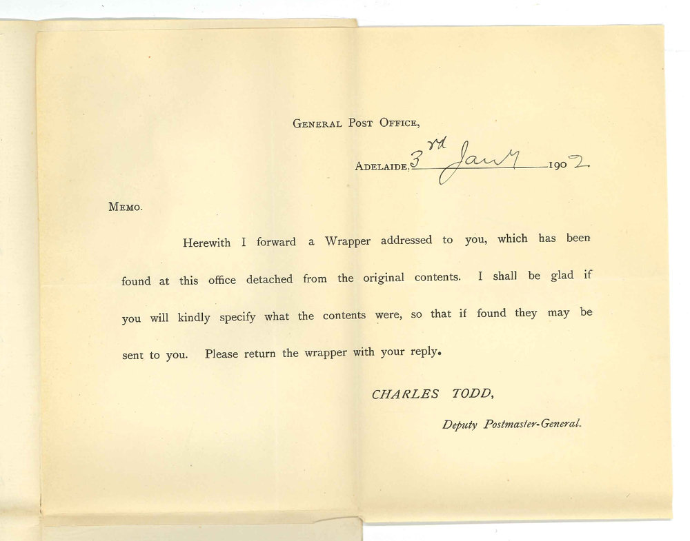 Charles Todd - Deputy Postmaster General - Adelaide - Label from missing contents