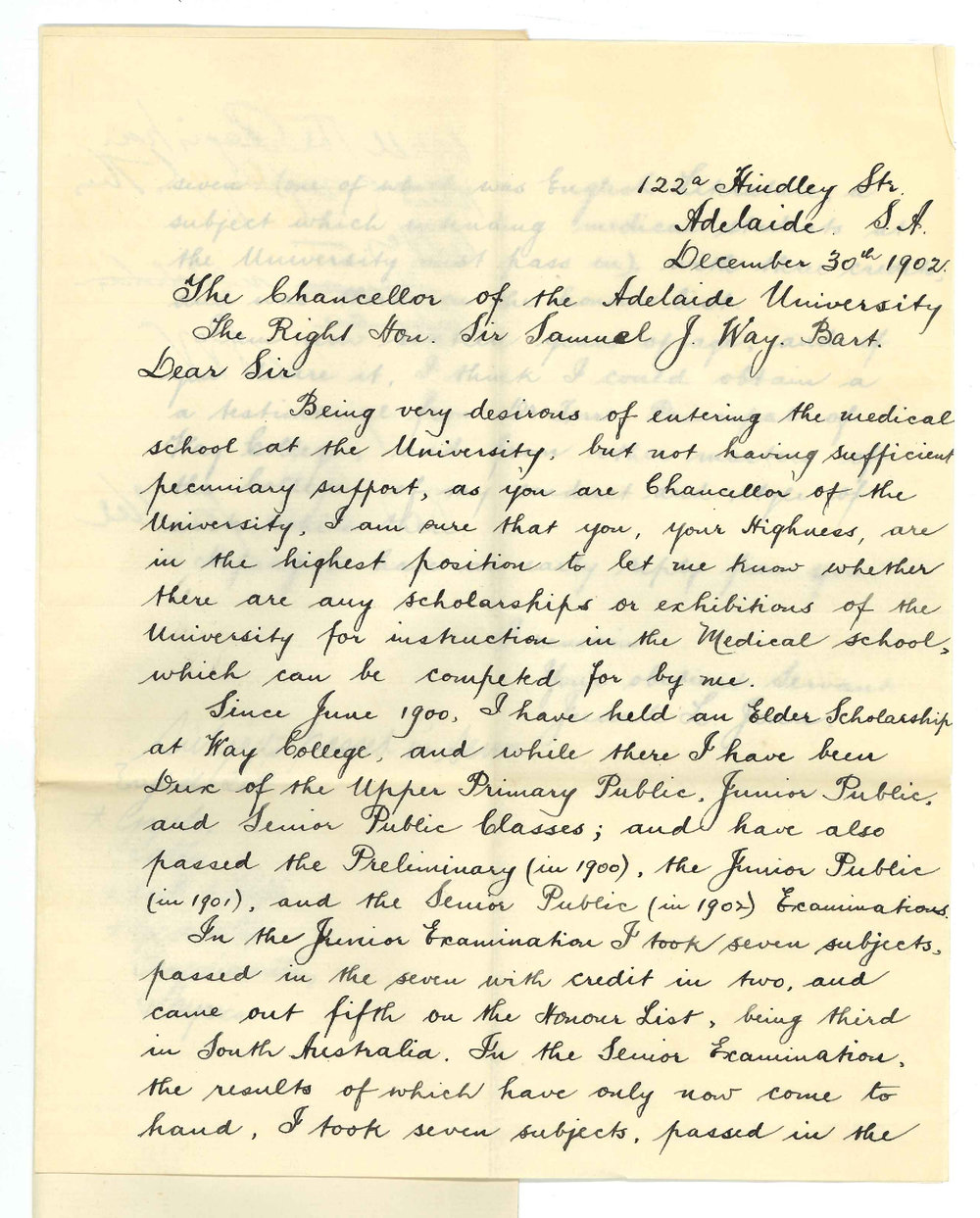 Judah L Jona - 122a Hindley Street - To the Chancellor - Medical Course and Scholarships