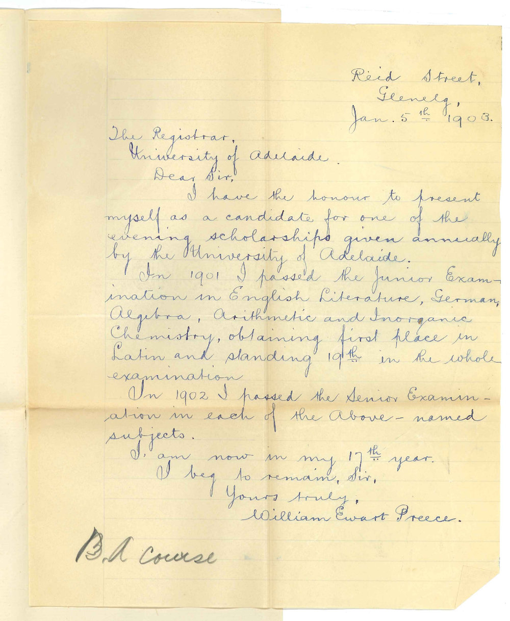 William Ewart Preece - Glenelg - Applying for an Evening Scholarship