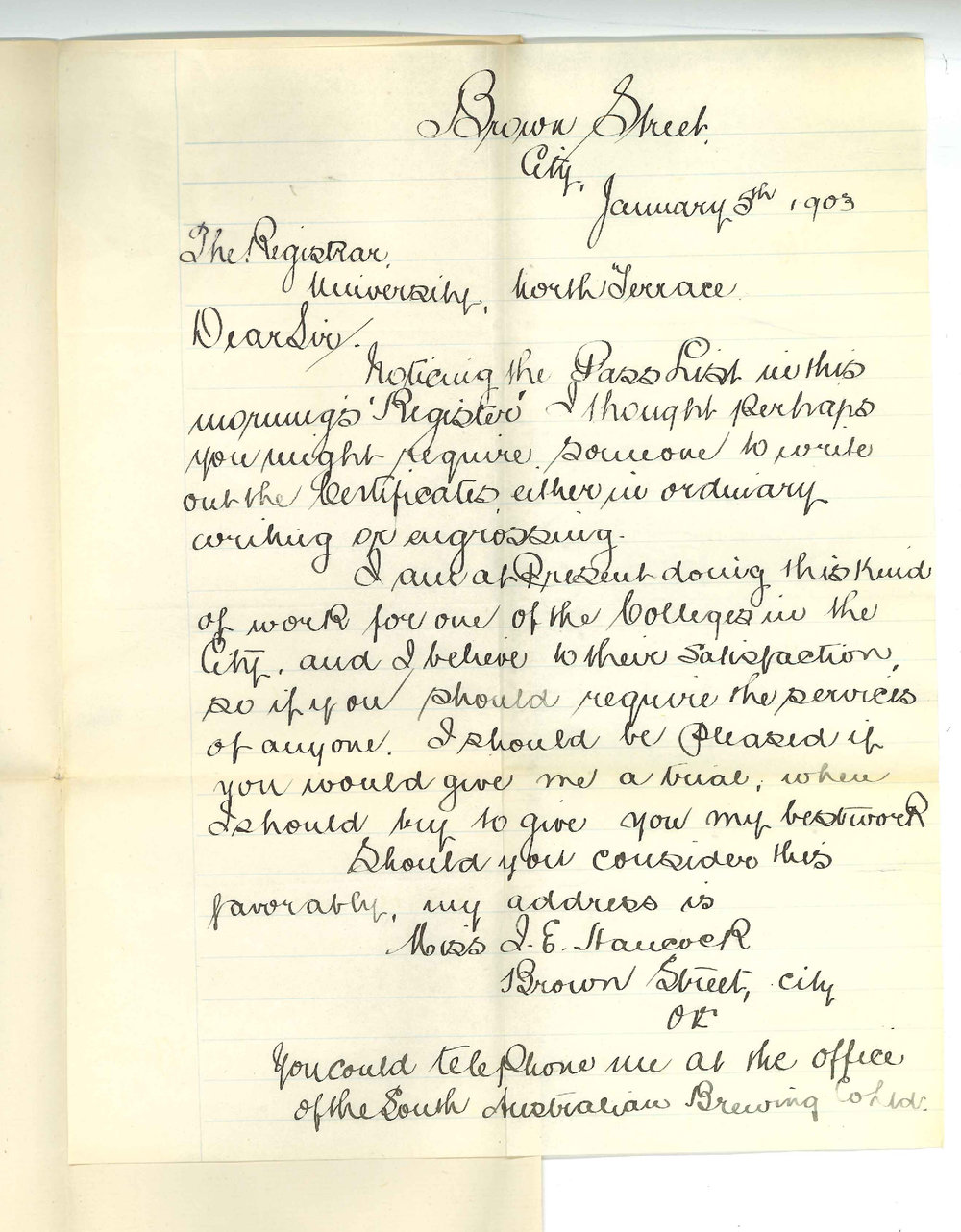 Miss J E Hancock - Adelaide - Offer to Write Certificates for Passers in Public Exams