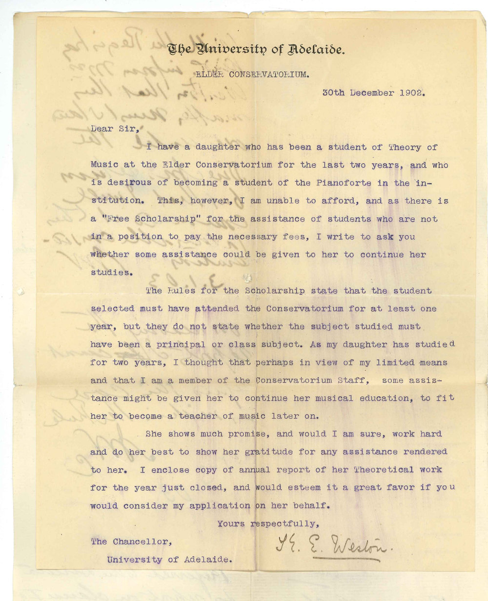 Mrs K E Weston - Adelaide SA - Applying for a Conservatorium Free Scholarship for her daughter