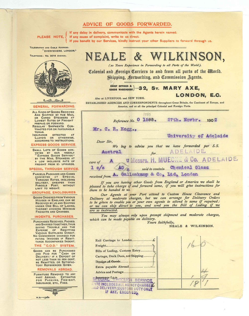 Neale and Wilkinson - Colonial and Foreign Carriers - London - Forwarding case of Chemicals per SS Austral