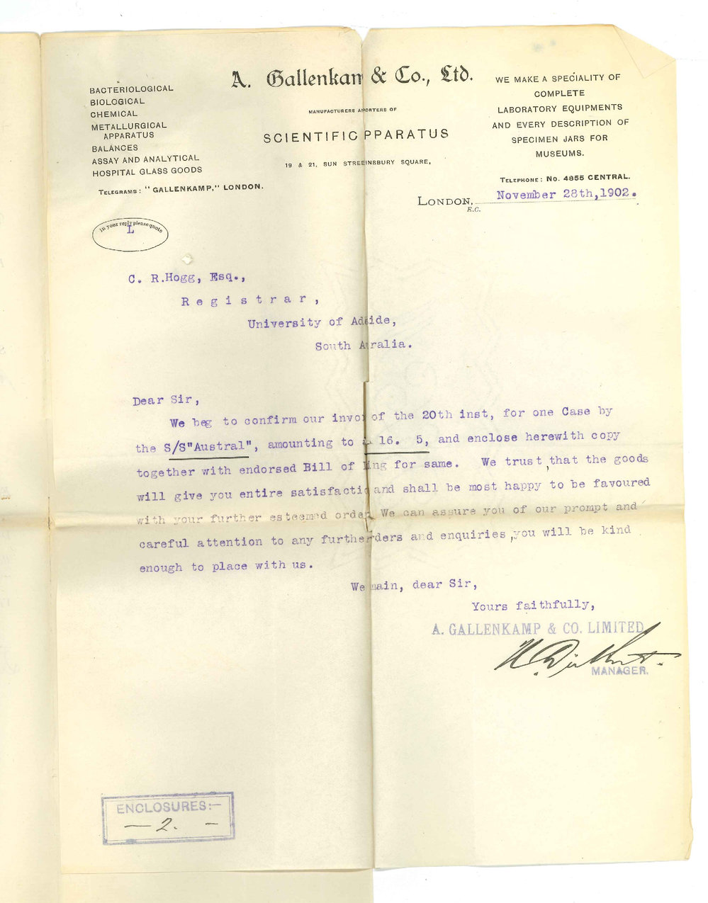 A Gallenkamp and Company - London - Case of Scientific Apparatus per SS Austral