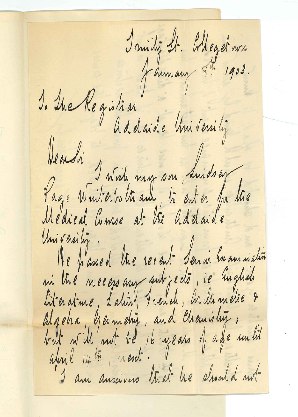 L P Winterbotham - College Town - Entering of his son Lindsey Page WInterbotham to Medical Course