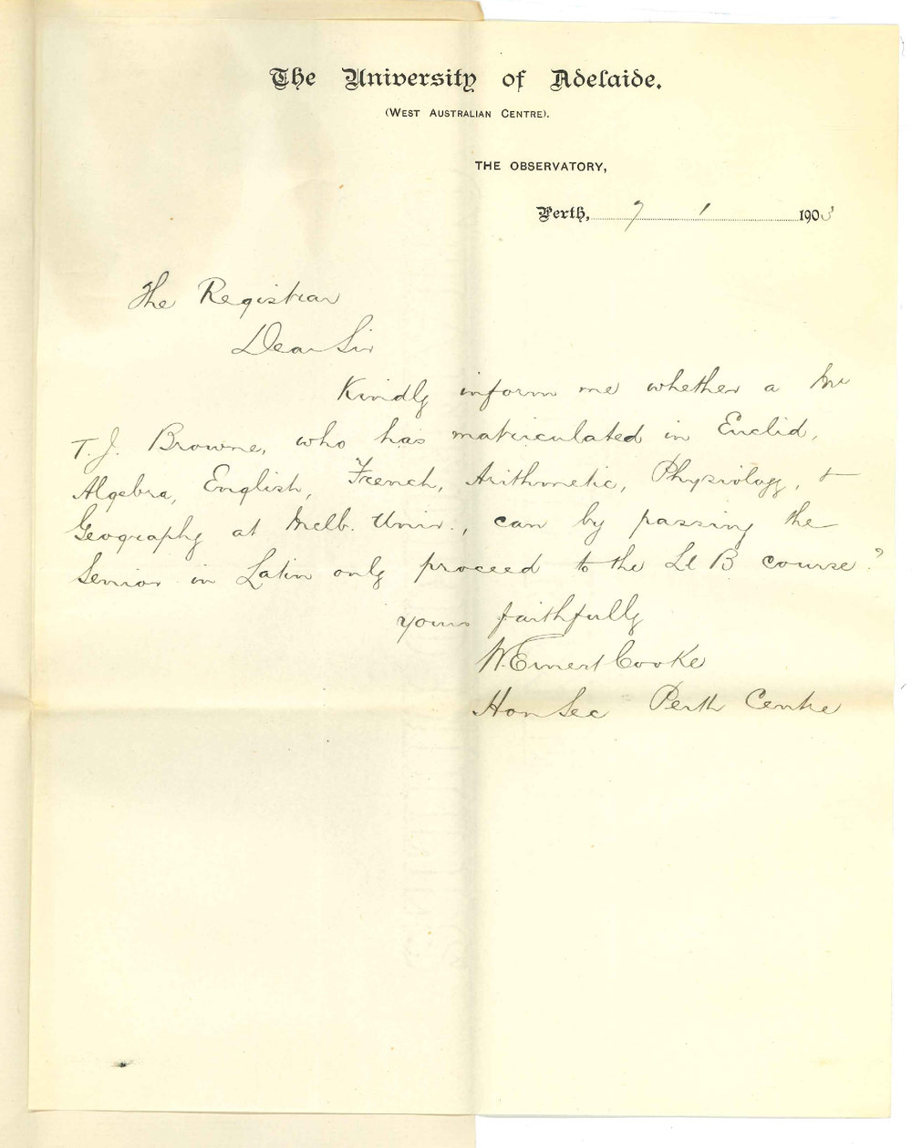 W Ernest Cooke - Secretary - Western Australia Centre - Perth - Matriculation Exam for LLB Course