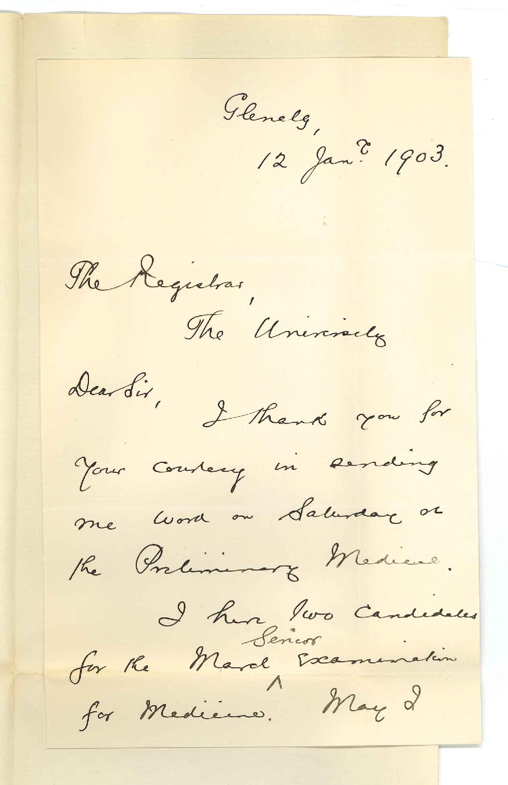 Rev D Kerr BA - Glenelg - Thanks for letter re Preliminary Medical and request for information on March senior examination