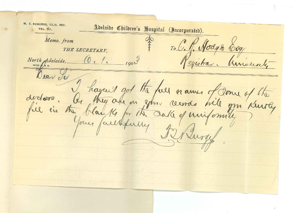 Rev H T Burgess - Secretary -  Adelaide Children's Hospital - Alterations for Calendar