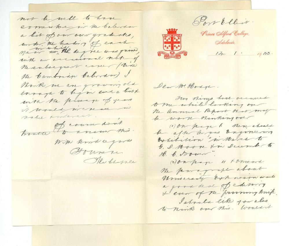 Frederic Chapple BA BSc - Kent Town - Concerning Annual Report and Graduates List