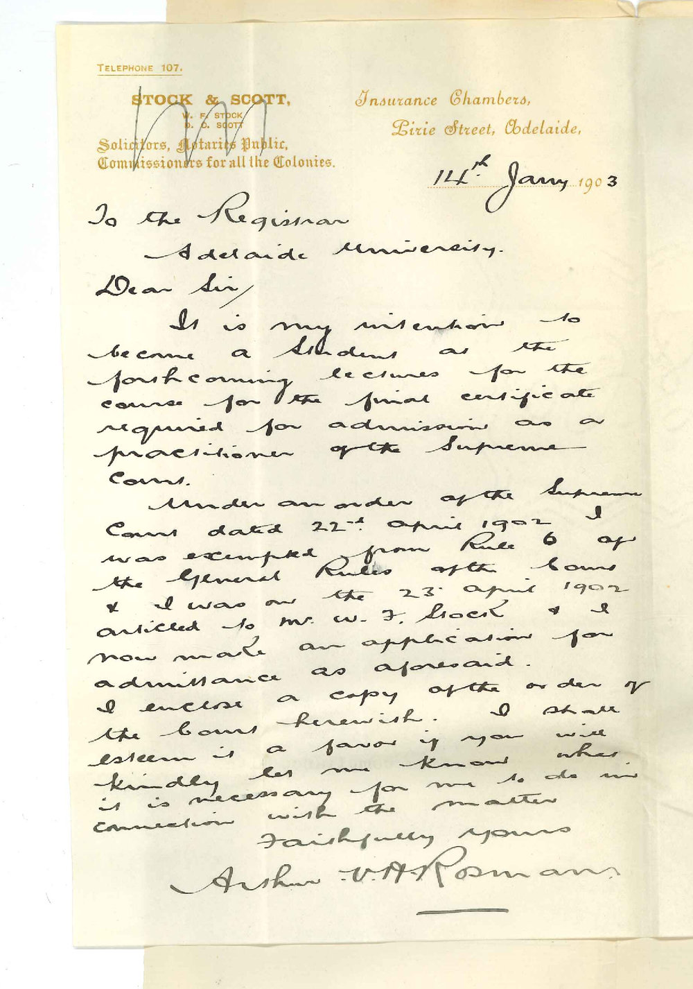 Arthur Victor Hugo Rosman - Adelaide - Permission to enter Final Certificate Course