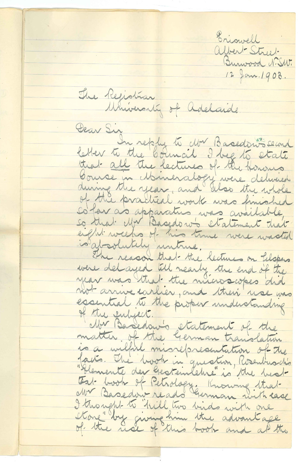 Walter George Woolnough - Burwood NSW - In reply to Mr Basedow's second letter of complaint