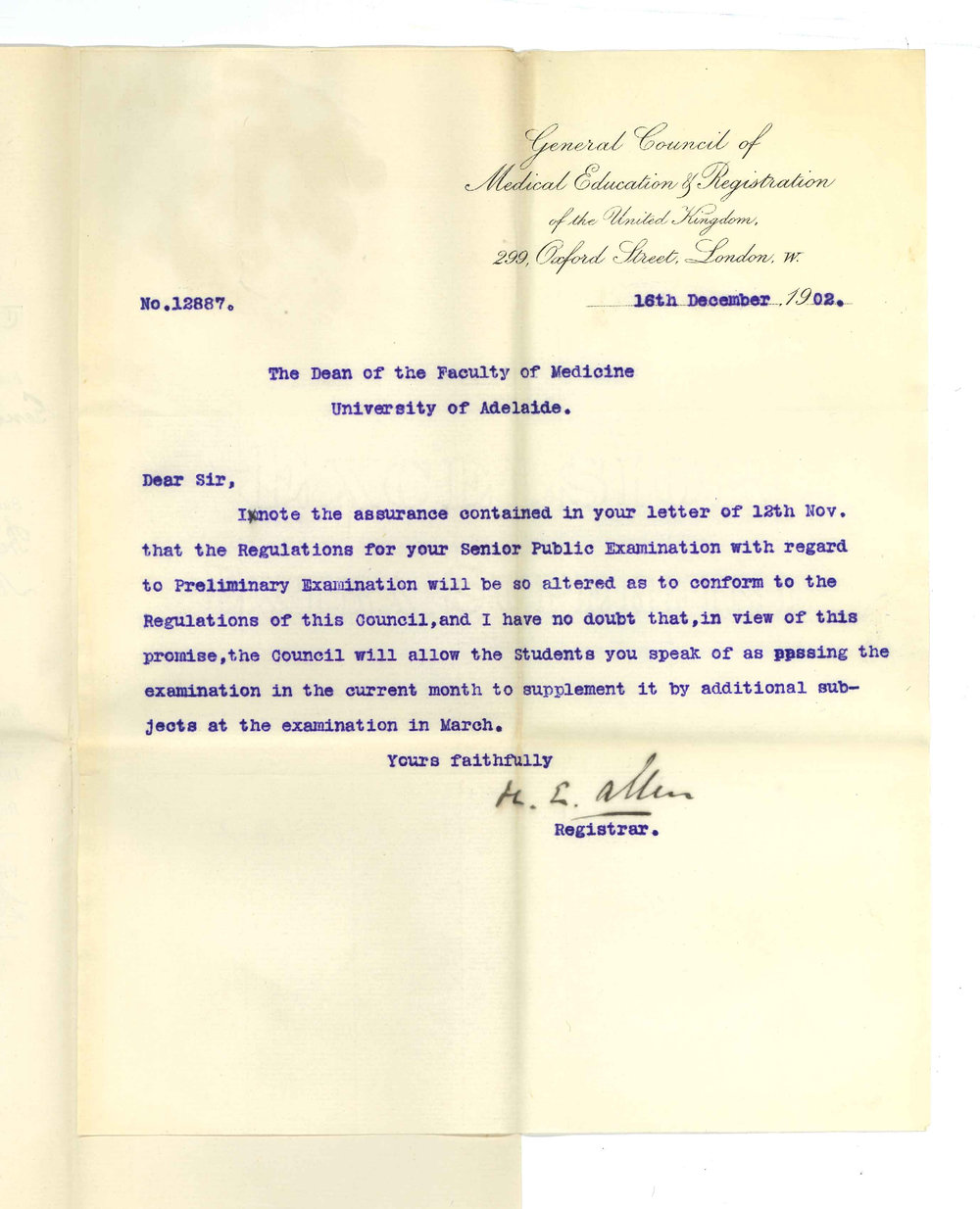 H E Allen - Registrar - General Medical Council - London - With regard to the Preliminary Exam for Medical Students
