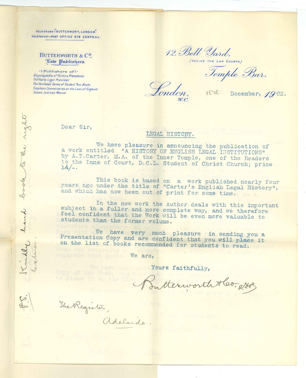Butterworth and Company - London - Concerning new law text books