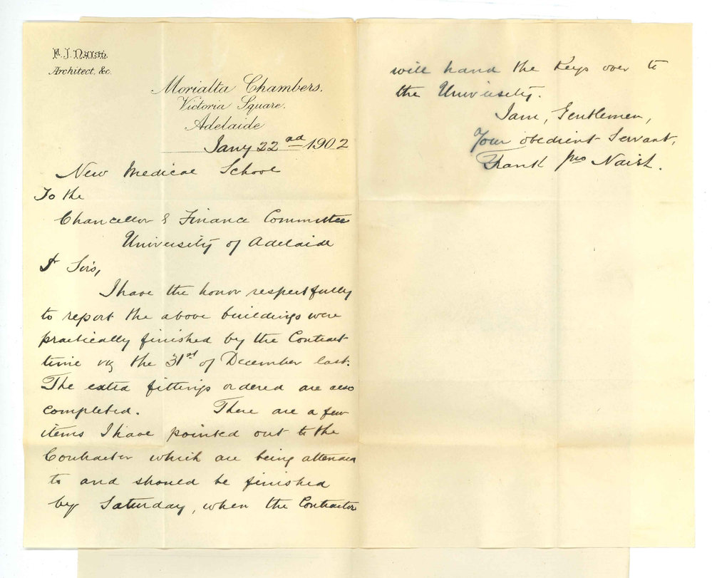 Frank J Naish - Adelaide - Report concerning completion of New Medical School