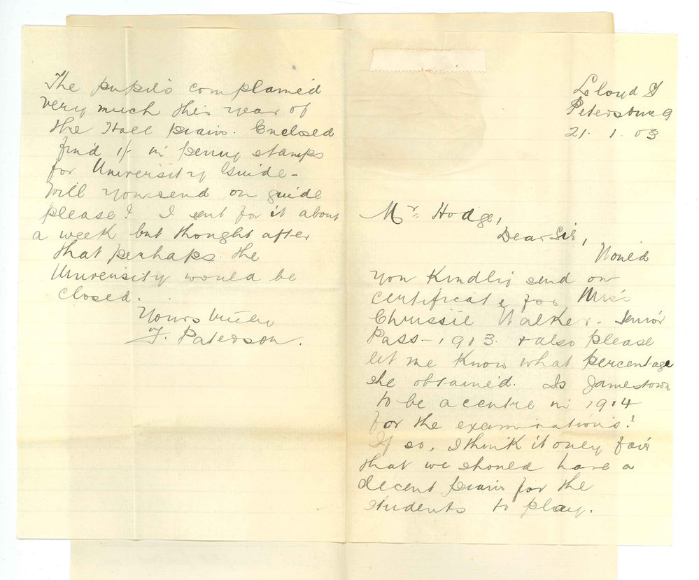 Miss F Paterson - Petersburg - Requesting Certificate and Music Exams held at Clare