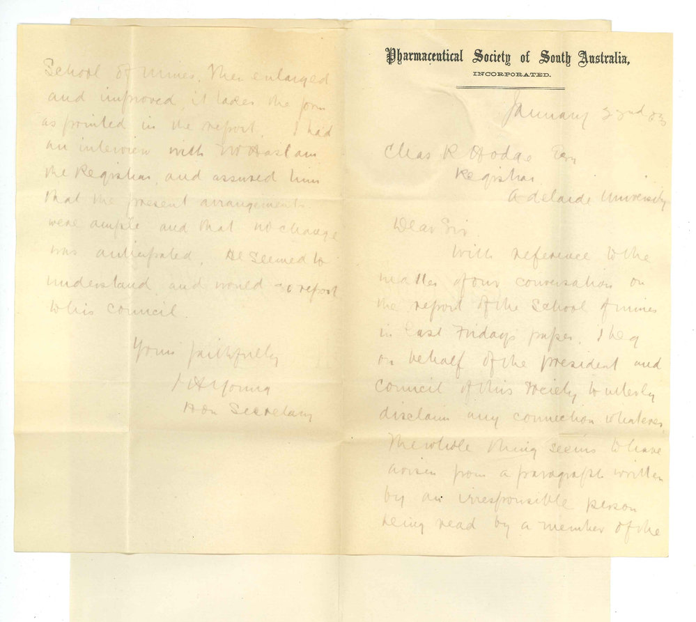 J H Young - Secretary - Pharmaceutical Society - Adelaide - Pharmaceutical Society and the School of Mines
