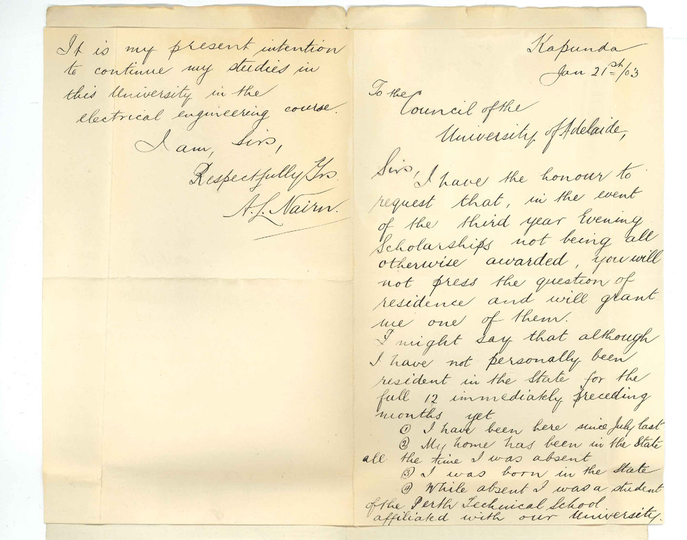 Alexander Livingstone Nairn BA - Kapunda - Application for an Evening Scholarship