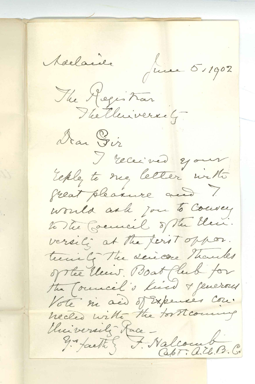 Frederick Halcomb - Captain - Adelaide University Boat Club - Thanking Council for vote of &pound;10 to Boat Club