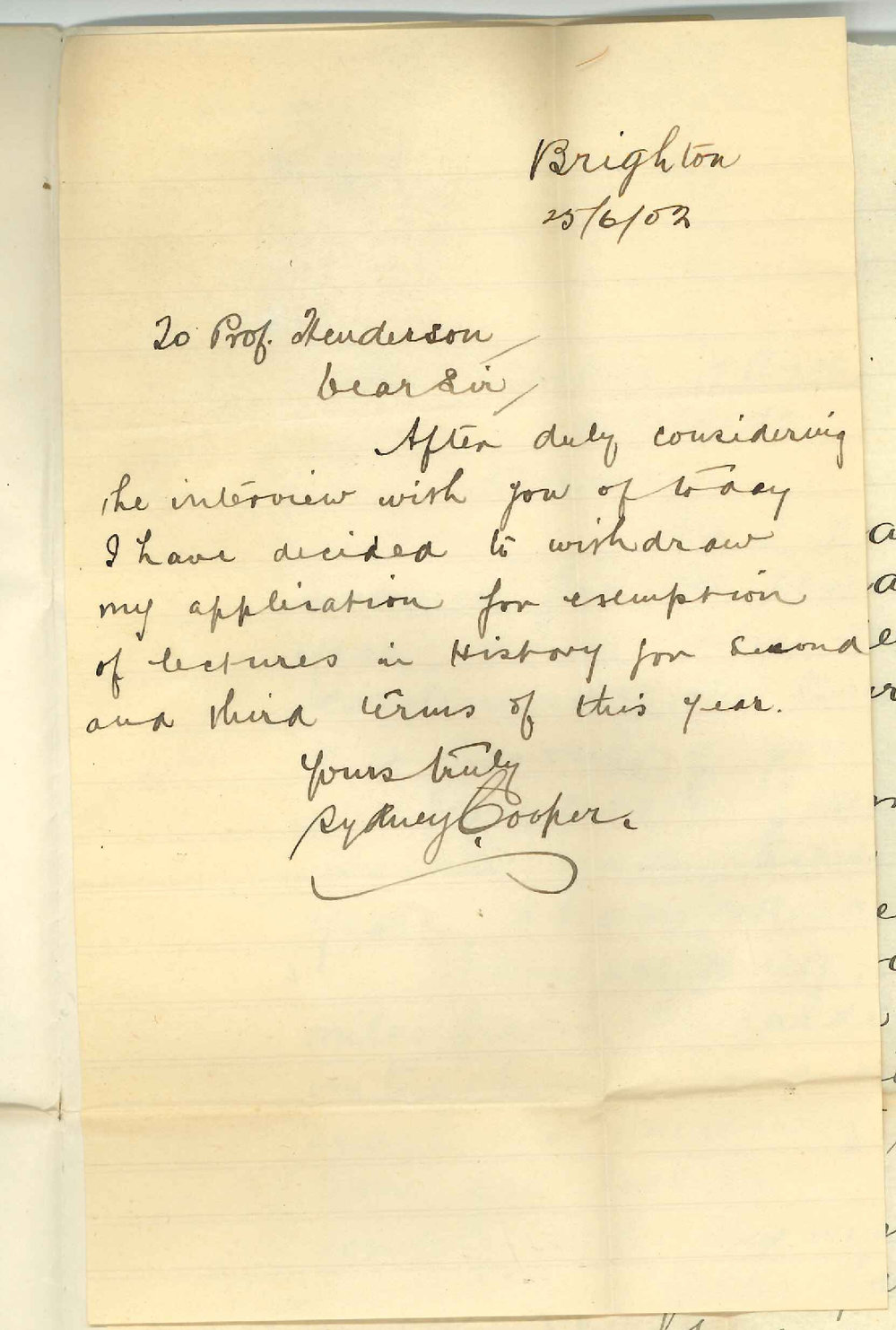 Sydney Cooper - Brighton - Exemption from attendance at lectures