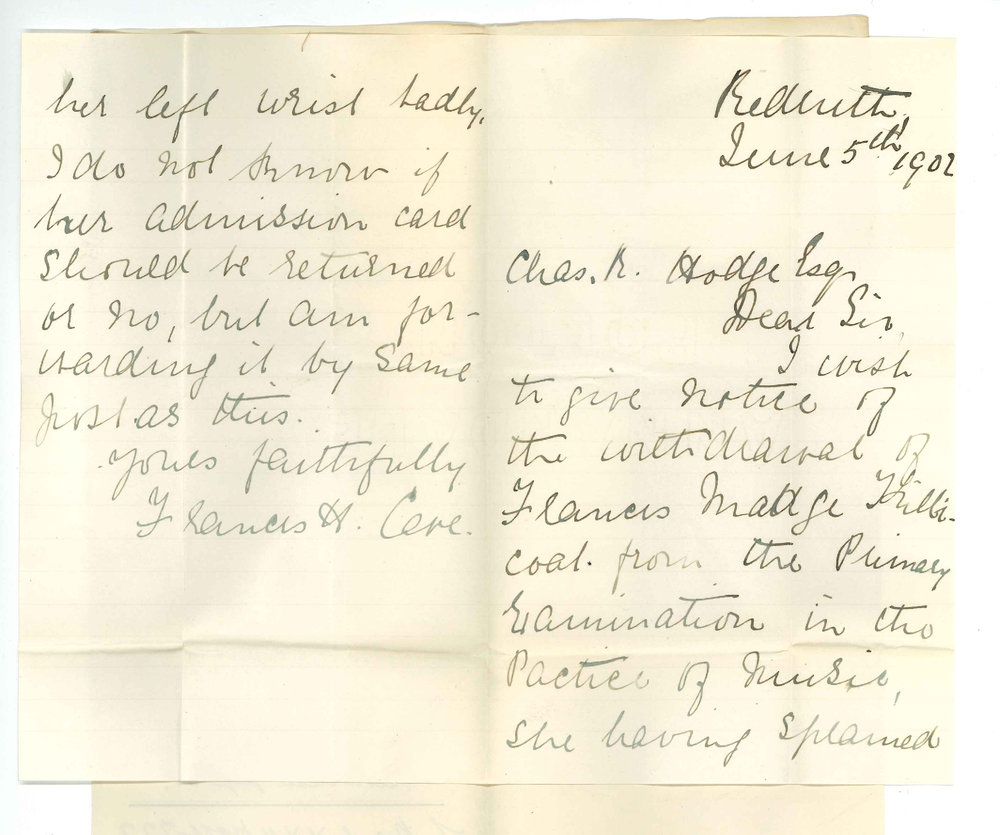 Miss Frances H Cave - Redruth - Withdrawal of candidate from the Primary Practice of Music Exam