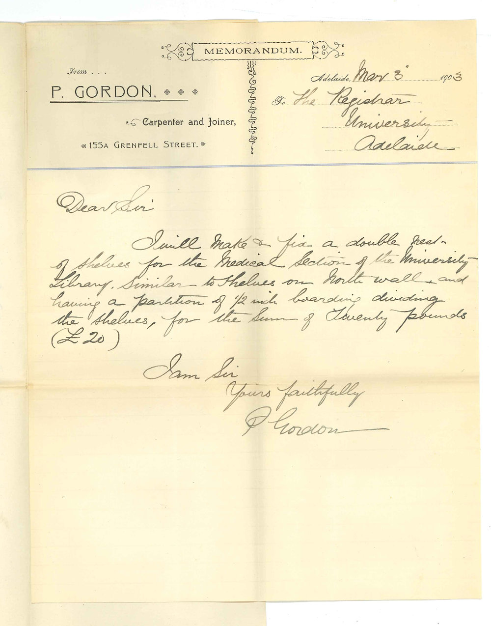P Gordon - Adelaide - Quoting price for shelving for medical portion of Library