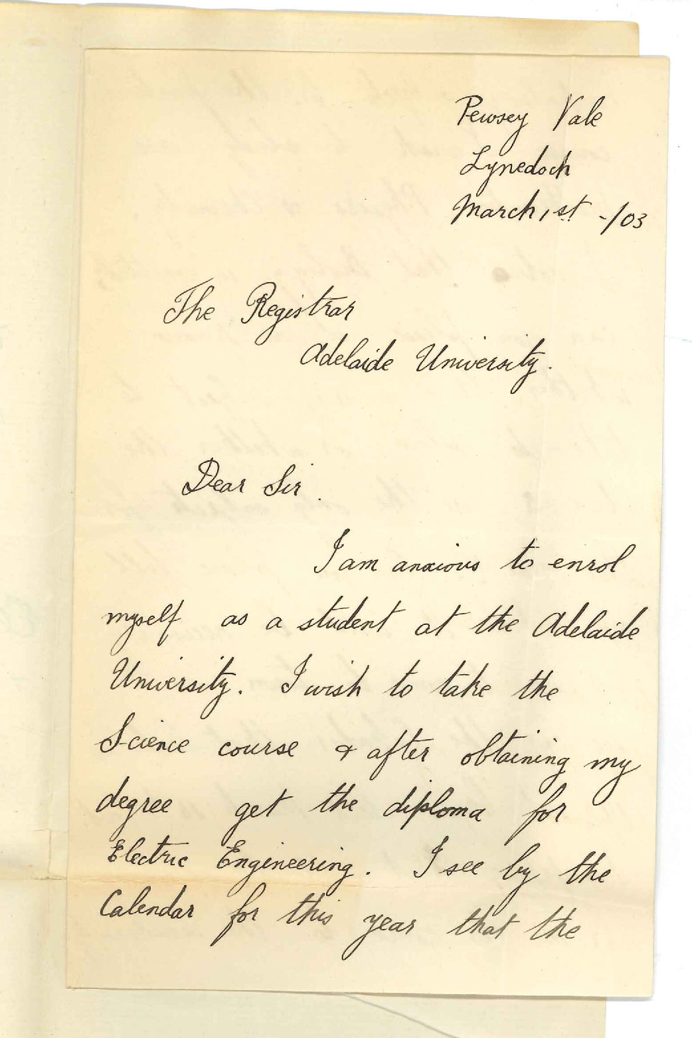 Joseph Gilbert - Lynedoch - Information regarding Electrical Engineer Course and date of commencement of lectures