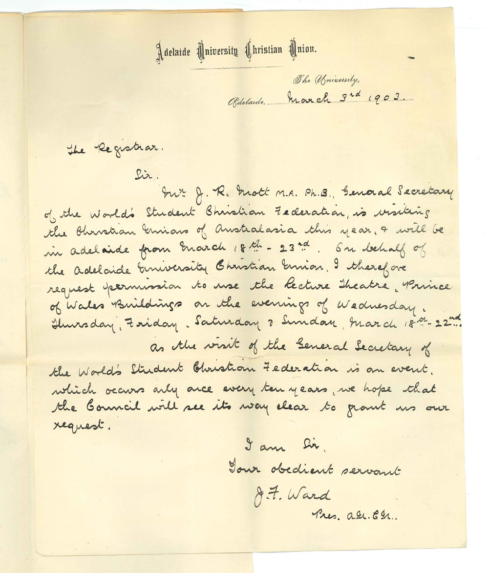 John Frederick Ward - President - Adelaide University Christian Union - Requesting use of Lecture Theatre in Prince of Wales Buildings