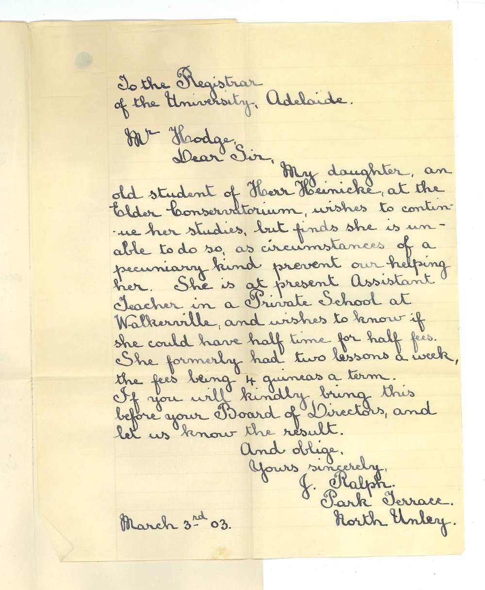 J Ralph - North Unley - Asking if daughter may study at Conservatorium for half lessons at half fees