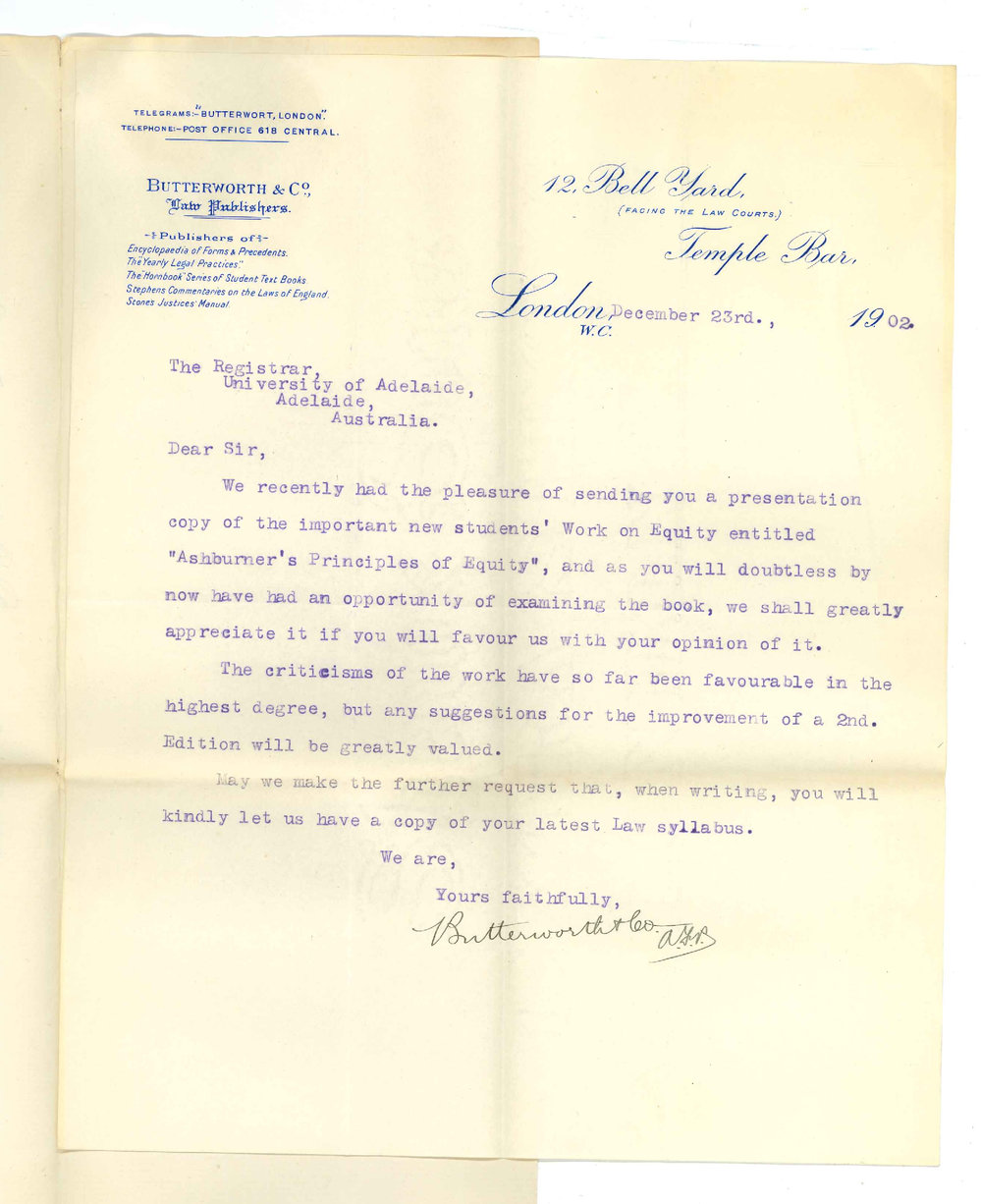 Butterworth and Company - London - Requesting opinion of book on Equity forwarded by last mail and LLB syllabus