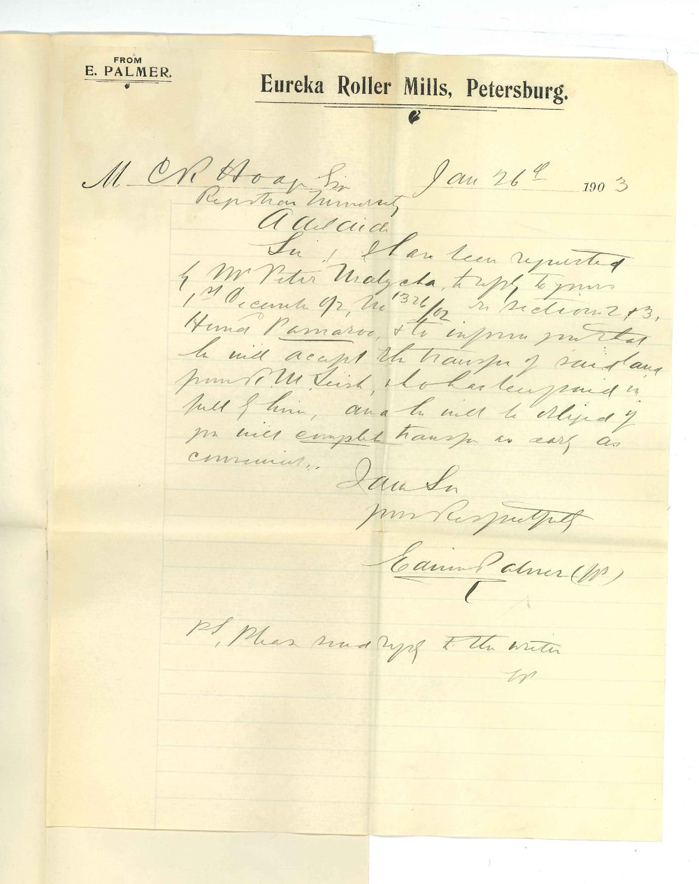 Edward Palmer Jr - Petersburg - Stating that Mr P Malycha will accept transfer of McLeish Lease on Parnaroo Land
