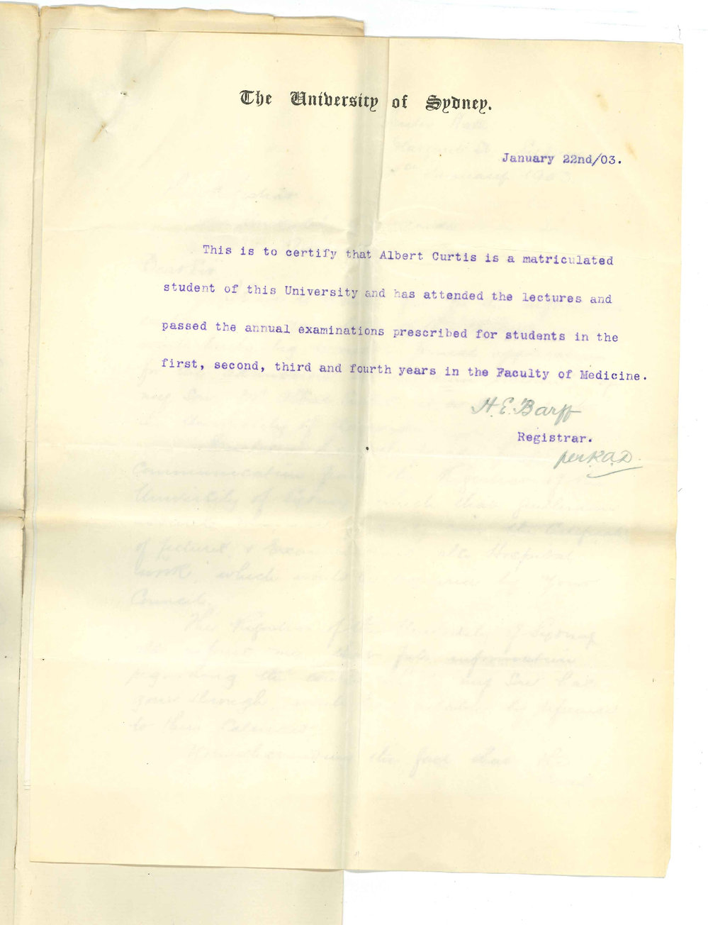 James Curtis - Sydney NSW - Admission of his son ad eundem statum to MB Course
