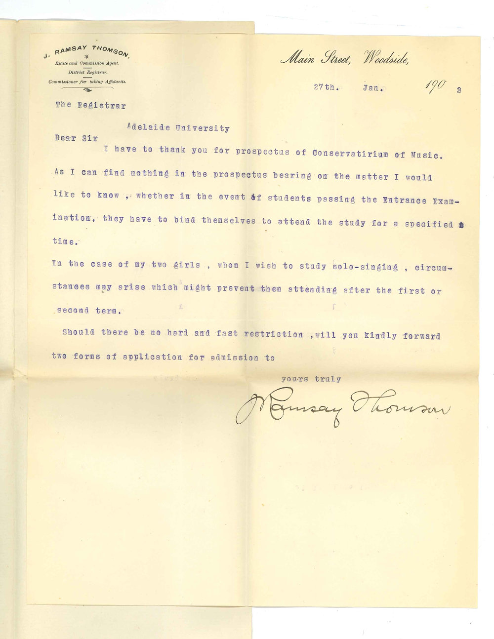 J Ramsay Thomson - Woodside - Requesting information of the Conservatorium