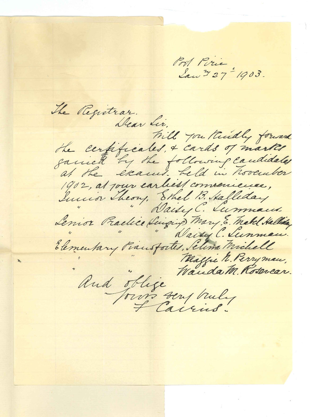 Mrs F Cairns - Port Pirie - Requesting Certificates - Ethel Halliday - Mary Halliday - Daisy Sunman  - Maggie Perryman - Wanda Rosevear
