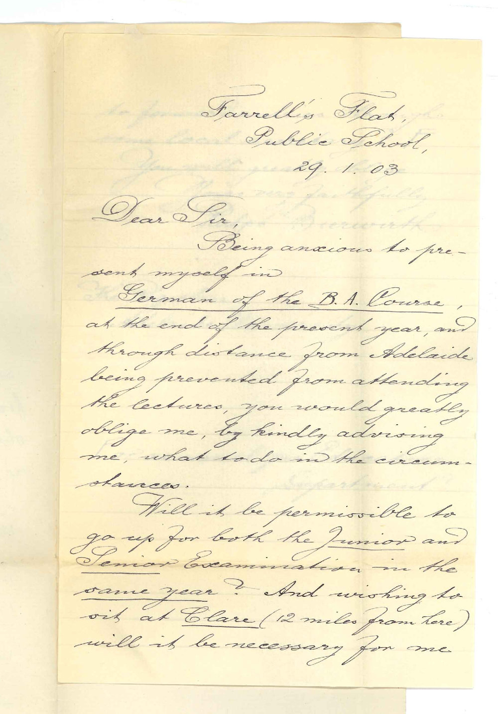 Ralph Bierwirth - Farrells Flat - Asking for exemption from attending lectures and information re Junior and Senior