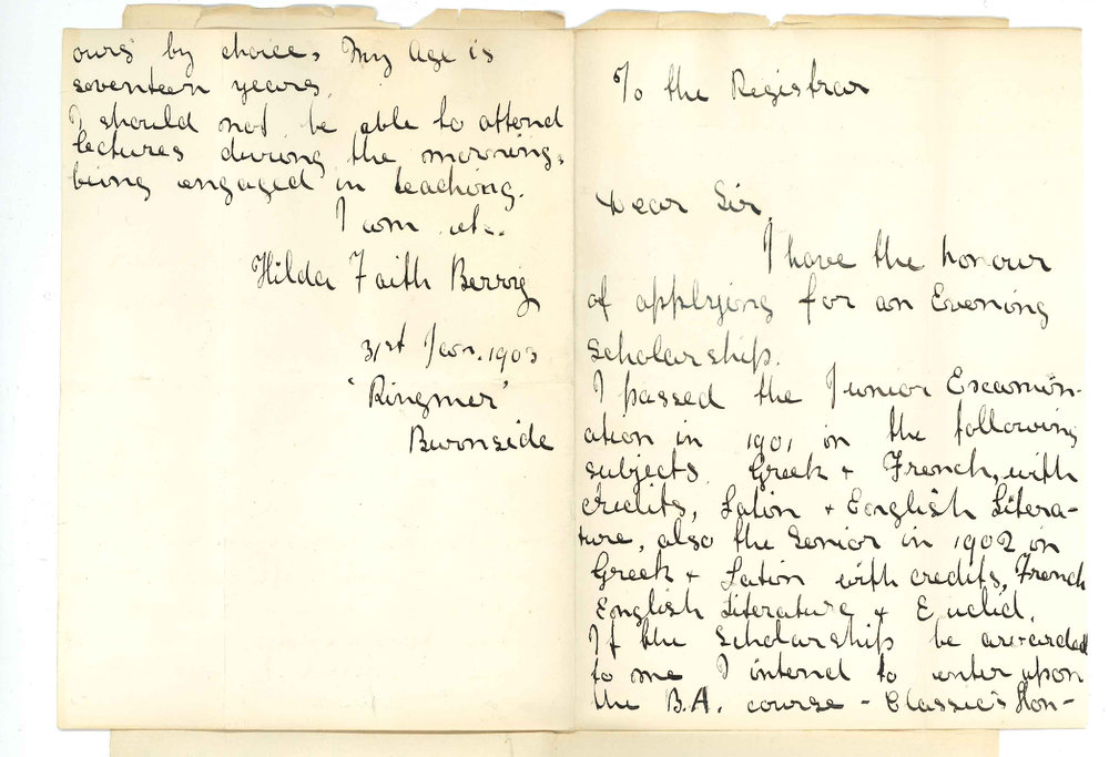 Miss Hilda Faith Berry - Burnside - Application for an Evening Scholarship