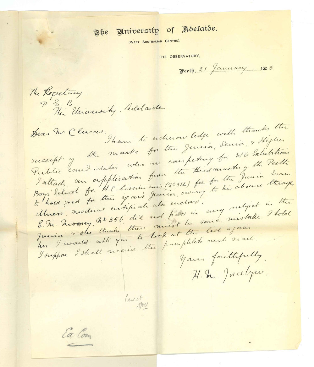 Henry Maurice Joscelyne - Western Australia Centre - Perth - Acknowledging receipt of WA Exhibitions marks withdrawal from Junior Public and failure of Miss E M Mooney in Junior