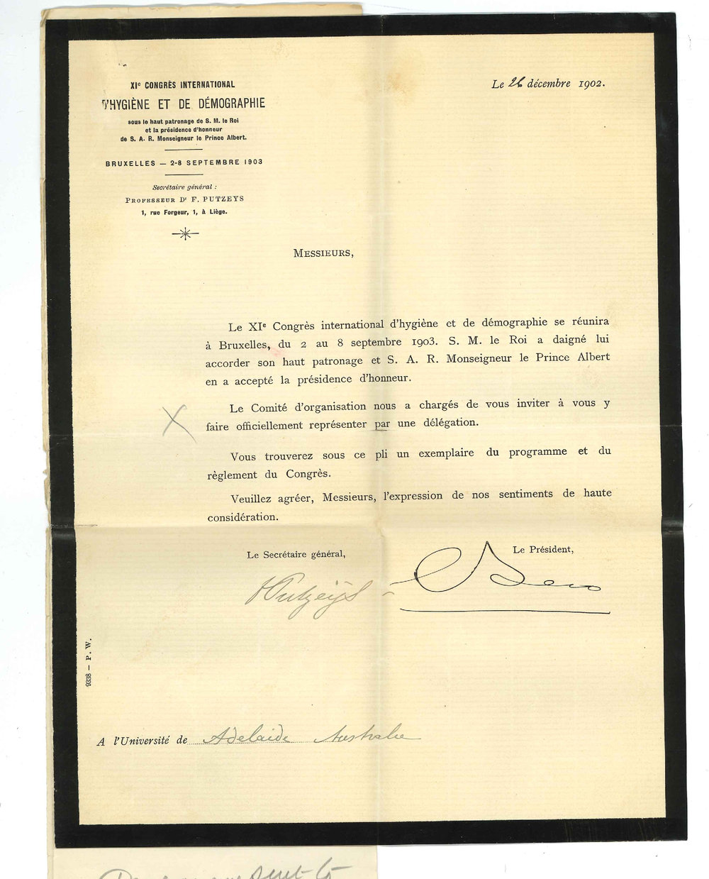 Secretary - International Congress of Hygiene and Demographie - Invitation to send delegate