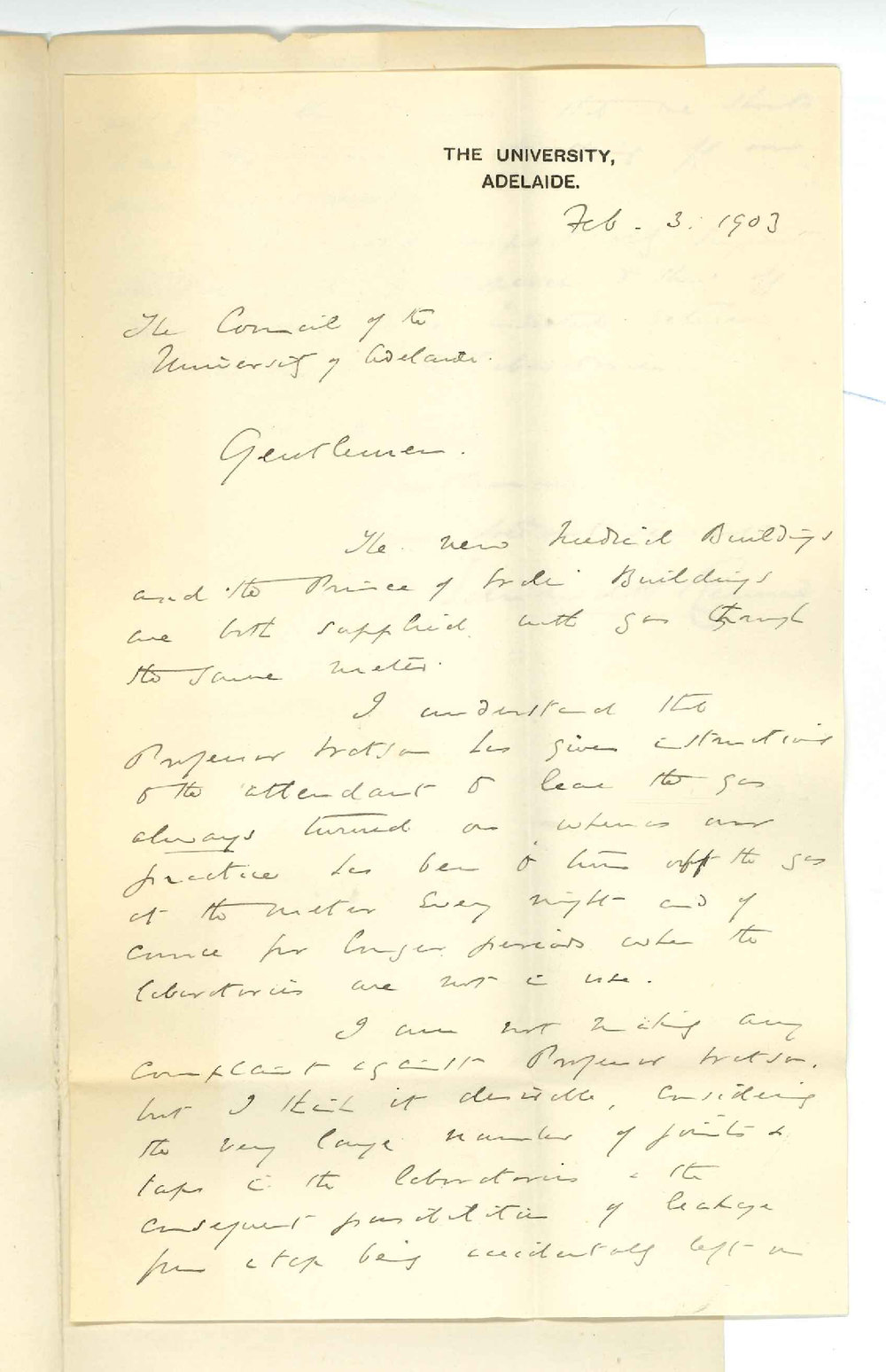 Professor Edward Rennie MA - University of Adelaide - Concerning gas supply to Anatomical Buildings