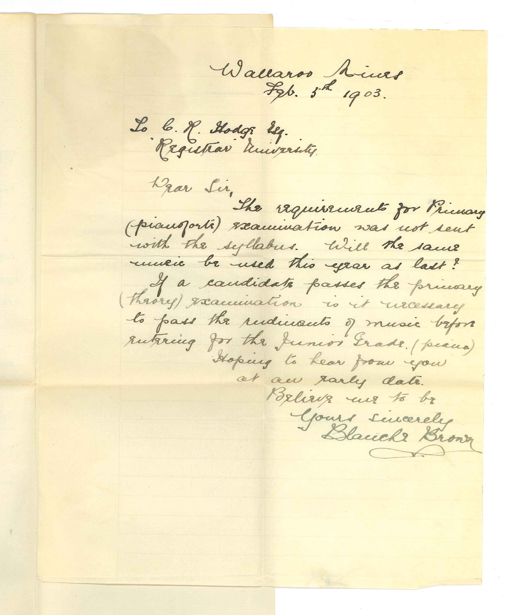 Miss Blanche Brown - Wallaroo Mines - Requesting information on Primary Music Exam and Rudiments
