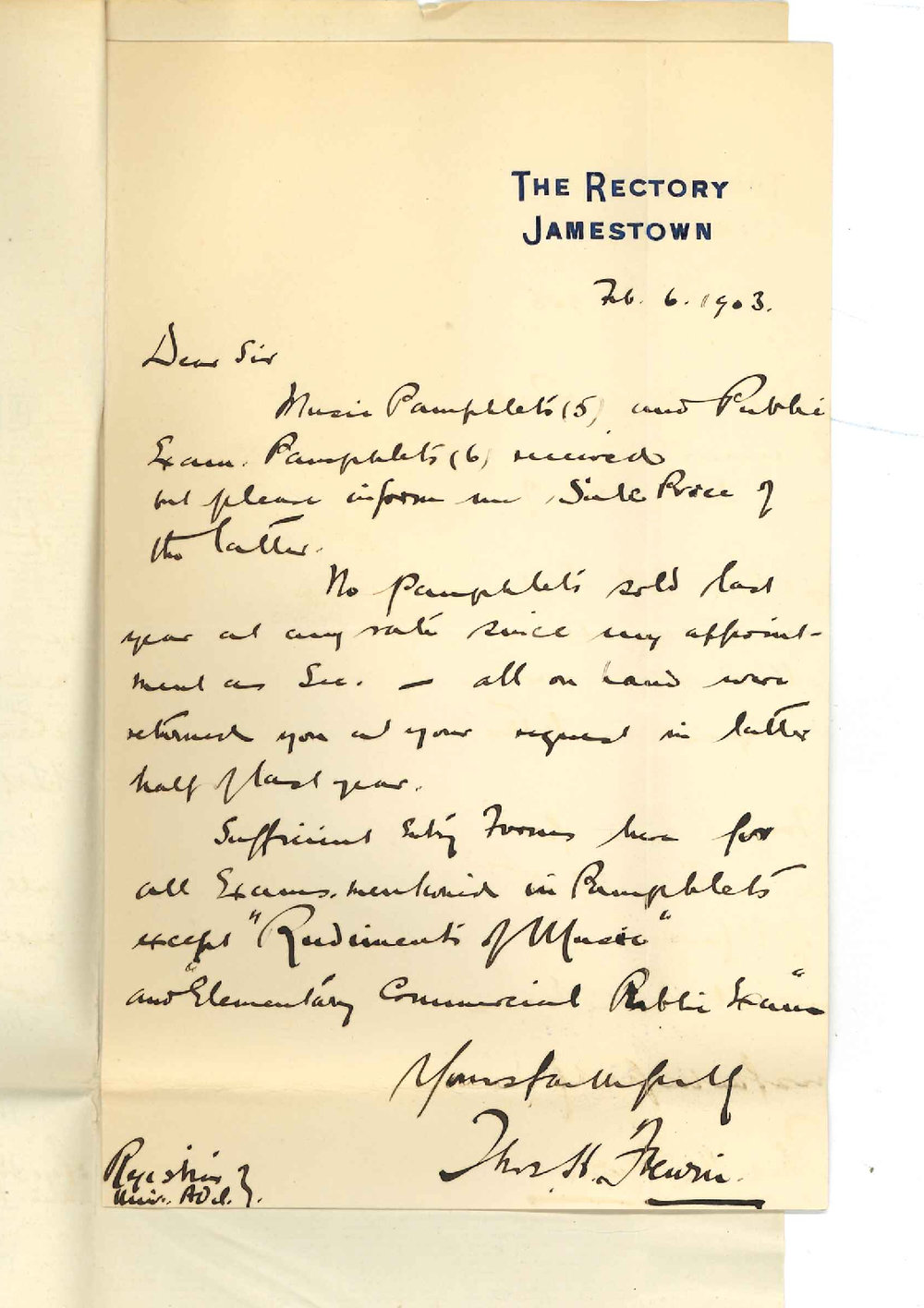 Rev Thomas H Frewin - Jamestown - Received pamphlets for 1903 and regarding sale of 1902 pamphlets and entry forms required