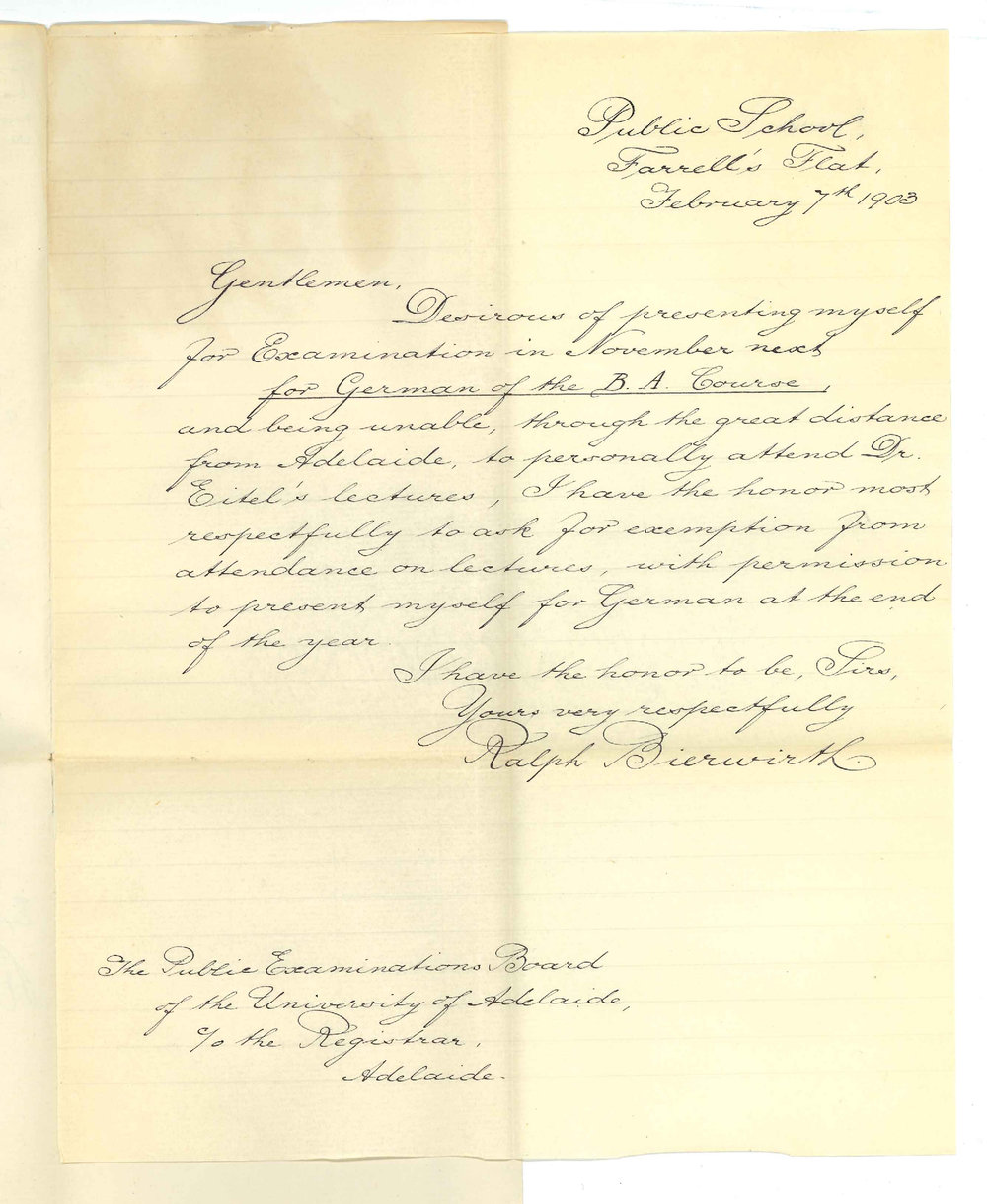 Ralph Bierwirth - Farrells Flat - Exemption from attendance at German Lectures