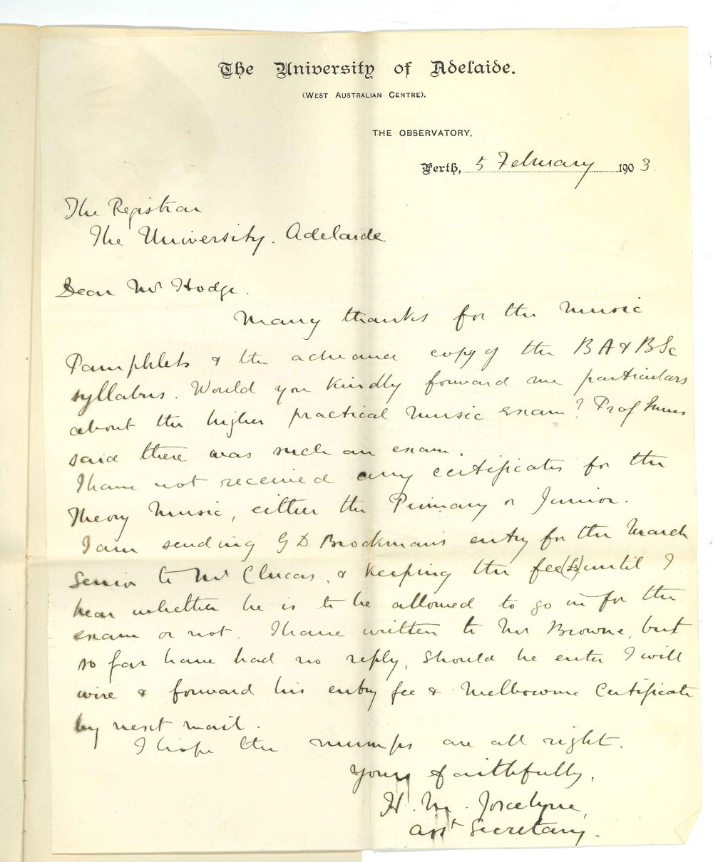 Henry Maurice Joscelyne - West Australian Centre - Perth - Acknowledging receipt of pamphlets - requesting particulars of Higher Music Exam and Certificates - Forwarding entry form for G D Bookman