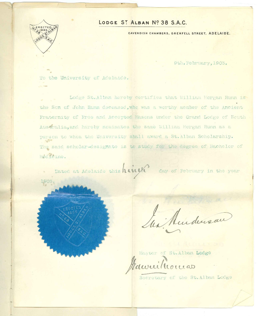 James Henderson - Master of Lodge St Alban - Determining tenure of scholarship for Miss Dorothea Poole and awarding scholarship to William Morgan Hunn