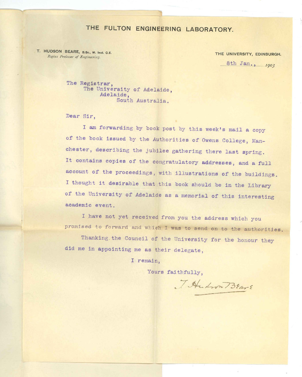 Professor T Hudson Beare - Fulton Engineering Laboratory - University of Edinburgh - Forwarding copy of Owens College publication describing Jubilee