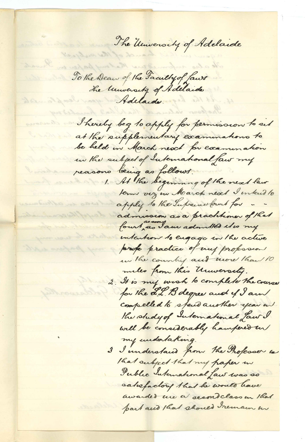 William Beazley Goldsworthy - Adelaide - Asking for a Supplementary Exam in March