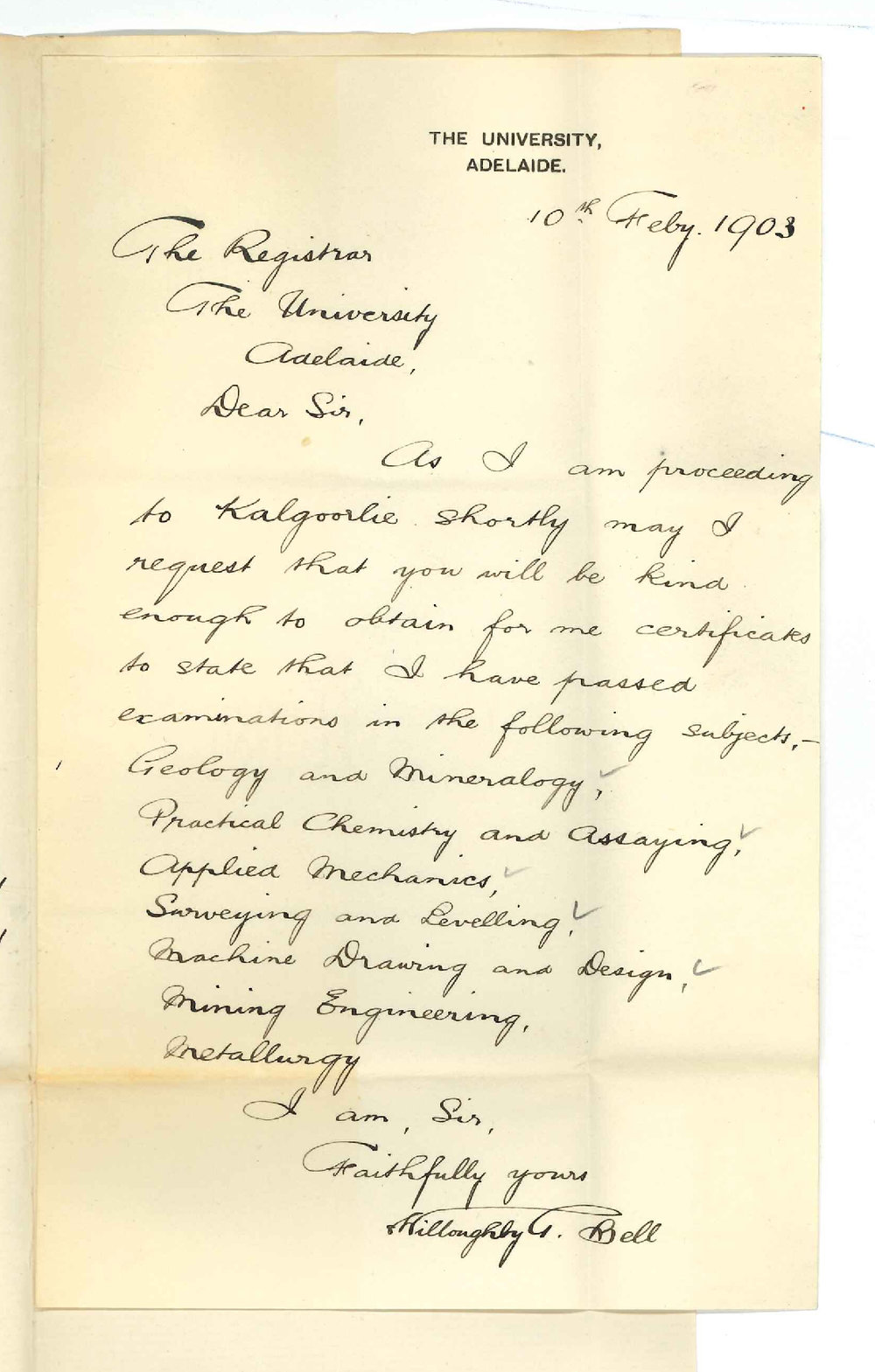 Willoughby G Bell - Adelaide - Requesting Certificates for BSc subjects and Mining Diploma