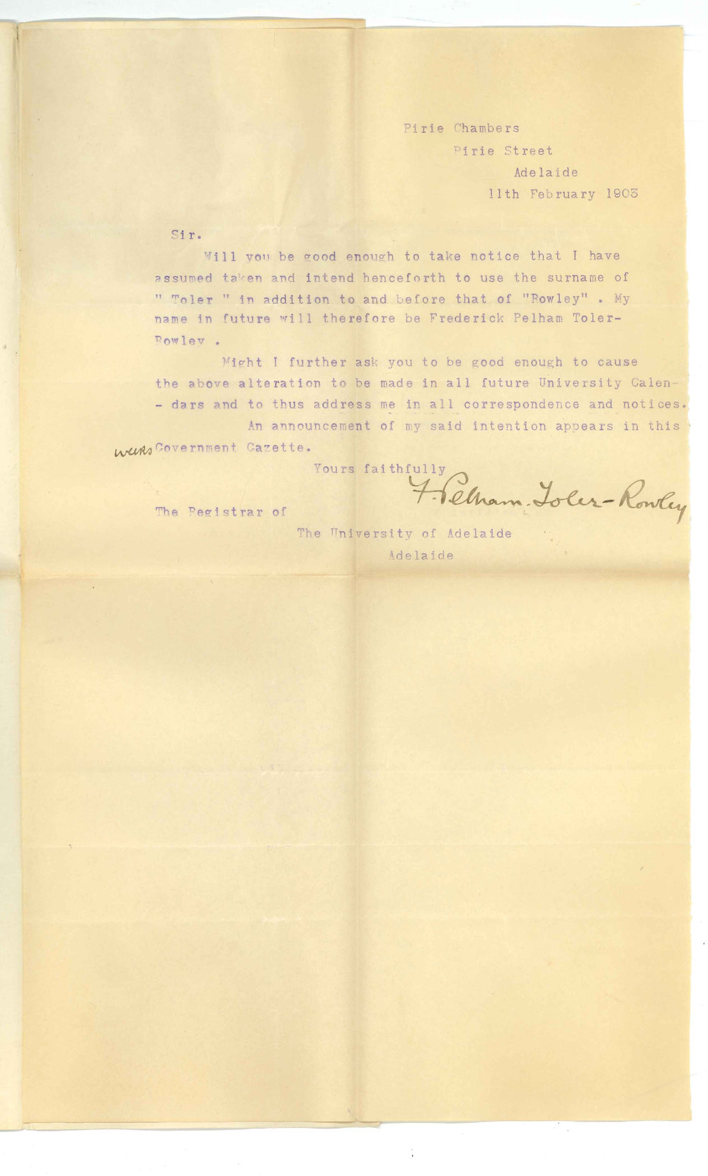 Frederick Pelham Toler-Rowley - Adelaide - Alteration of name