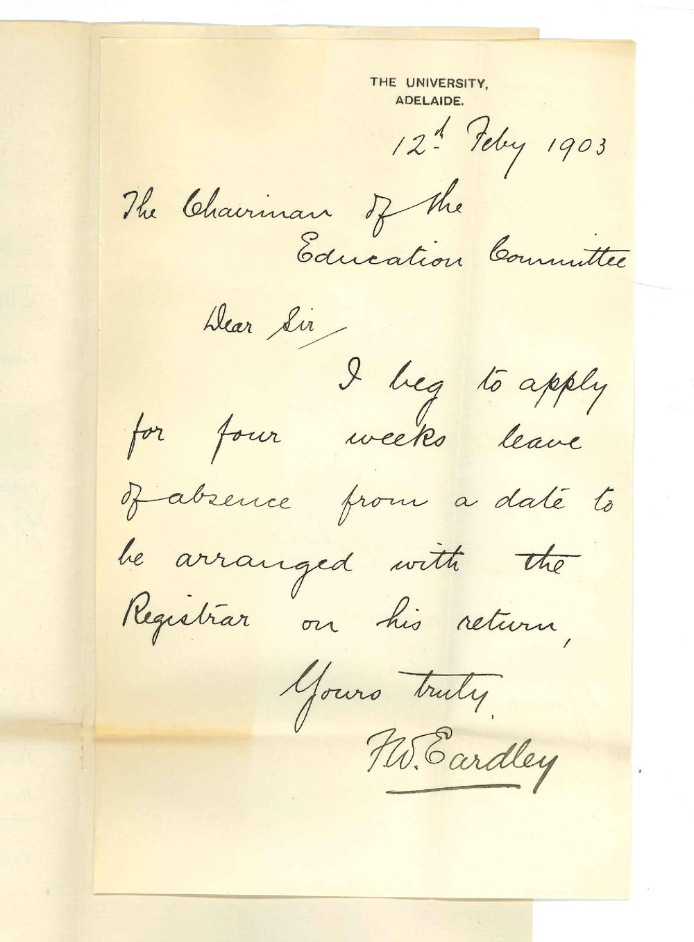 Frederick William Eardley - Adelaide - Application for leave of absence
