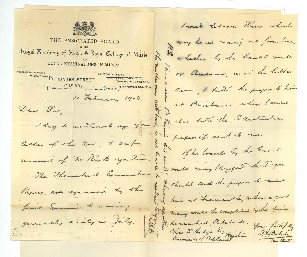 A E Balch - Resident Clerk - The Associated Board - Sydney - Acknowledging receipt of Mr Knotts signature and regarding Rudiment Papers being Examined